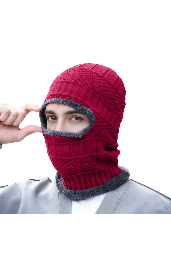 Fleece Lined Balaclava Winter Hat for Men, Windproof Thermal Knit Cap Scarf Neck Warmer, Full Face Cover for Skiing Cycling Running Motorcycle and Cold Weather - Red