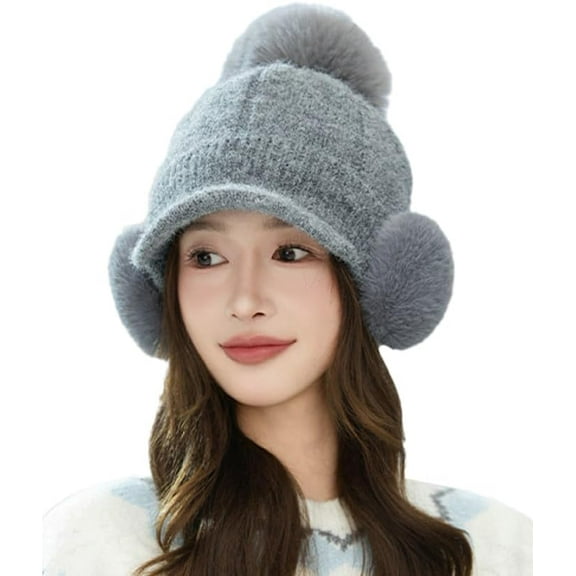 Fleece Lined Beanie Hats for Women Warm Skull Caps with Ear Muffs Pompom Knit Baseball Cap Winter Cold Weather