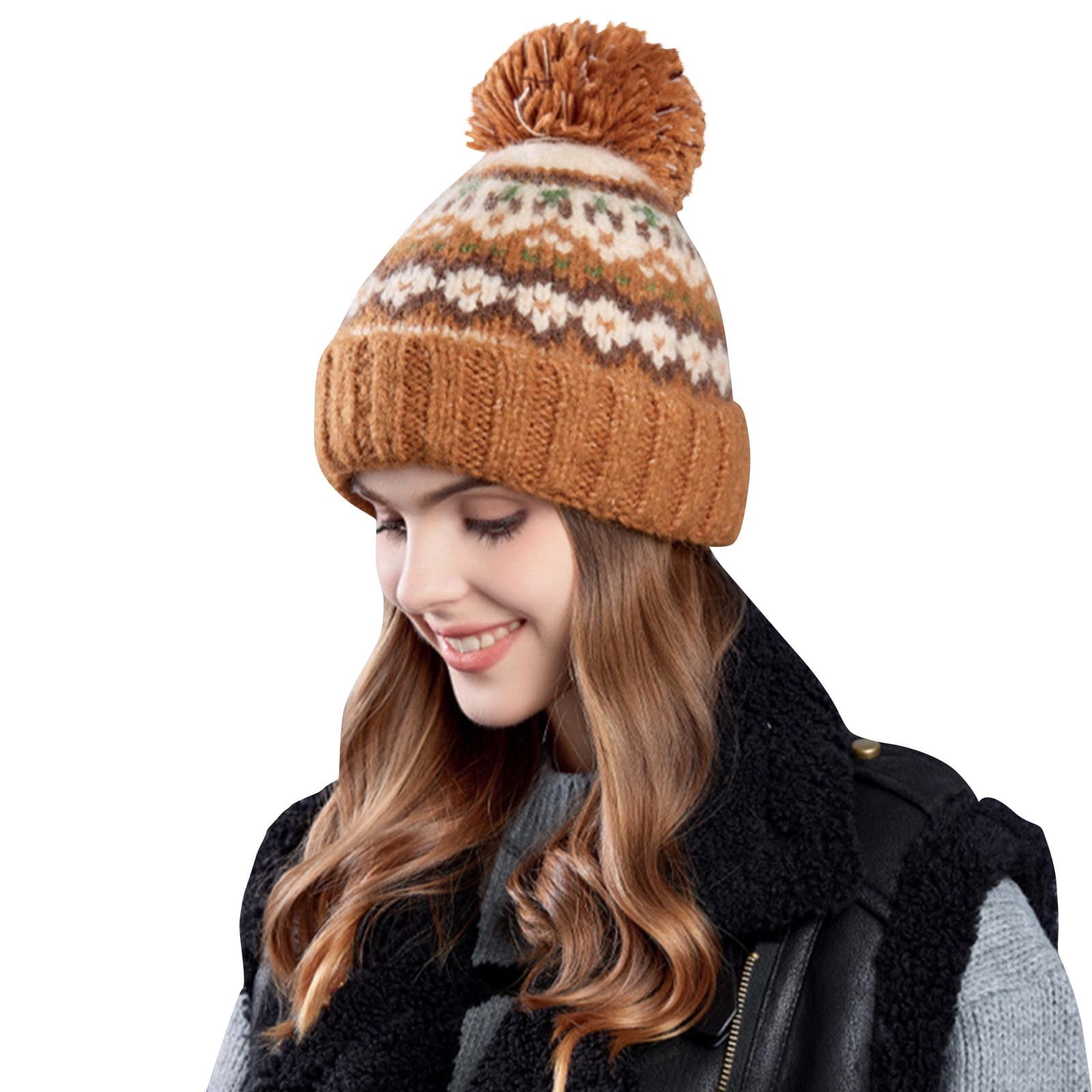 Women\'s Winter Dark Brown Beanie Fleece Lined Skull Faux Fur Pom Cuff Hat Cap Womens Beanie Hats FURTALK Women main image 4