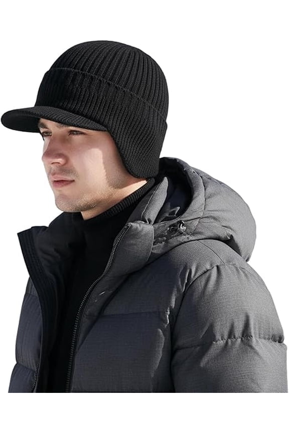 Fleece Lined Beanie with Brim & Ear Flaps - Winter Hat for Men Women, Stretchy Knit Cap, Unisex Cold Weather Ear Protection(black)-dh