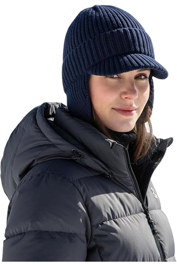 Fleece Lined Beanie with Brim & Ear Flaps - Winter Hat for Men Women, Stretchy Knit Cap, Unisex Cold Weather Ear Protection(blue)-dh