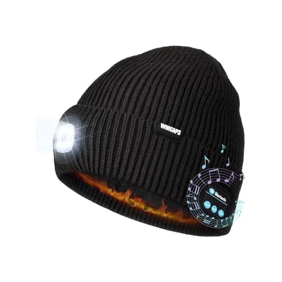 Fleece Lined Bluetooth LED Beanie, Winter Warm Hat with Light and Speaker Mic Cordless Headphones, Gifts for Men Dad