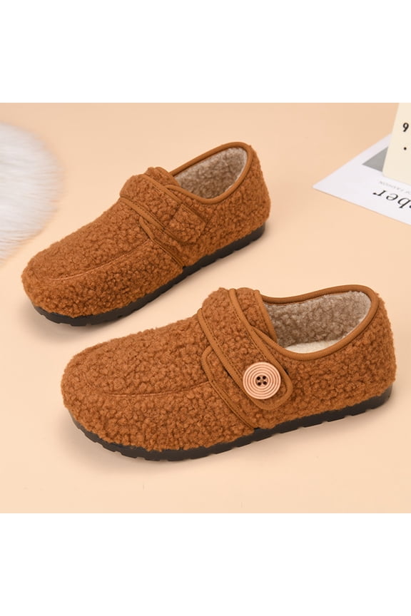 Fleece Lined Boucle Textured Loafers Winter Casual Strolling, Wide Button Strap Walking Flats Holiday Travel Wearing, Comfortable Thermally Insulated Footwear Daily Commute, Yellow 6