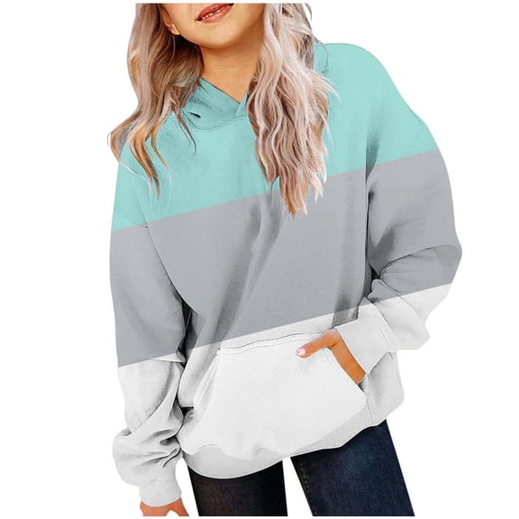 Fleece Lined Boys Girls Hooded Sweatshirt, Color Block Long Sleeve Hoodies Tops Thermal Winter Pullover With Pockets Grey, 6-7Y