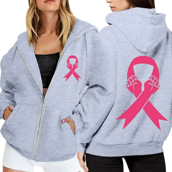 Lined Cancer Awareness Long Sleeve Sweatshirt for Women Zip Up Crewneck Hoodie Pullover Fall Fashion Outfits 2025 Trendy Tunic Tops (Grey, XL)