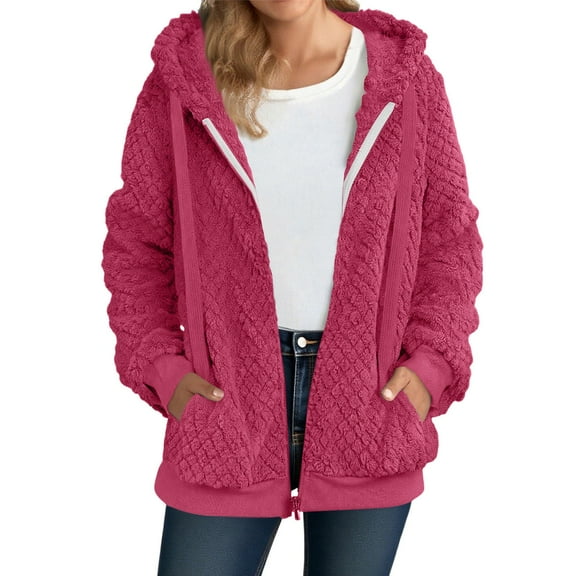 Fleece Lined Cardigan for Women Fall Casual Zip up Fuzzy Hooded Jackets with Pockets Long Sleeve Thick Outwear New Jackets for Women Casual Pinks S