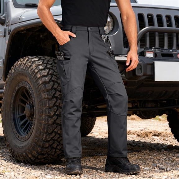 Fleece Lined Cargo Pants for Men Waterproof Pants Winter Warm Ripstop Cargo Pants with Pockets Black M