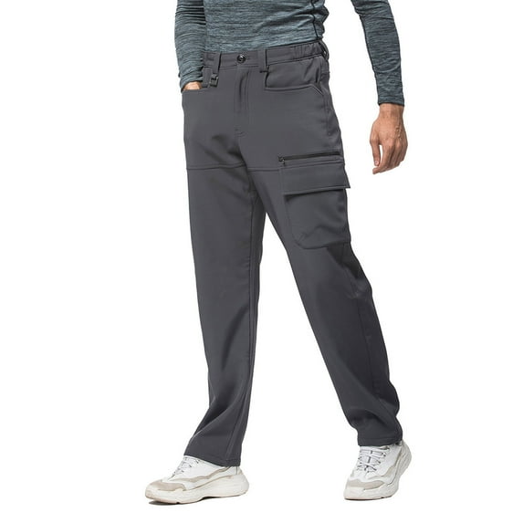 Fleece Lined Cargo Pants for Men with Multi-Pockets Elastic Waist Trousers Casual Straight Leg Solid Color Thermal Warm Hiking Work Pant