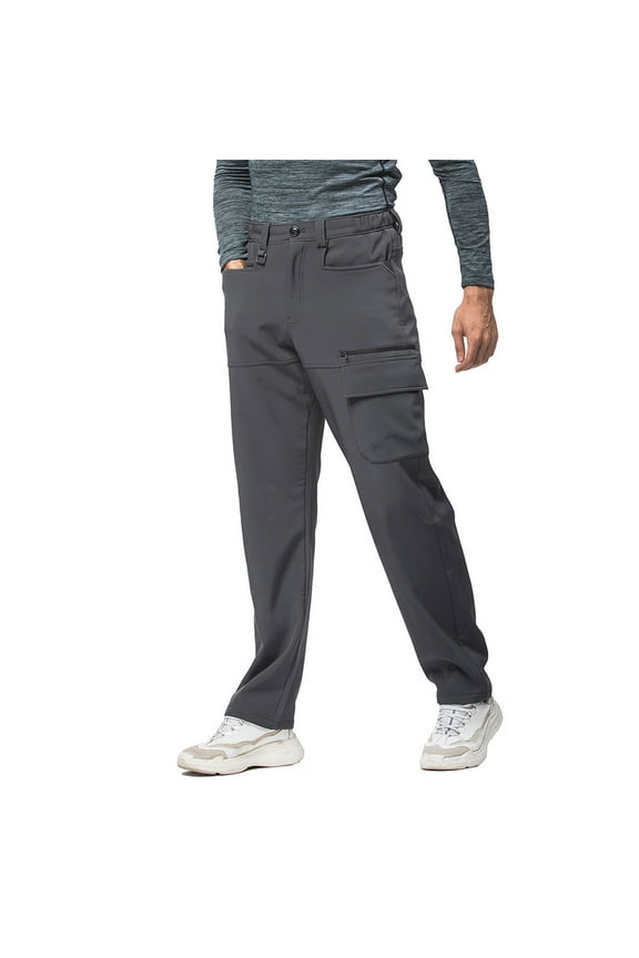 Fleece Lined Cargo Pants for Men with Multi-Pockets Elastic Waist Trousers Casual Straight Leg Solid Color Thermal Warm Hiking Work Pant