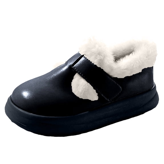 Fleece Lined Casual Shoes for Girls Kids Waterproof Non Slip Winter Warm Loafers Wide Toe Box Slip On Dress Shoes Black Size 2.5 Big Kids