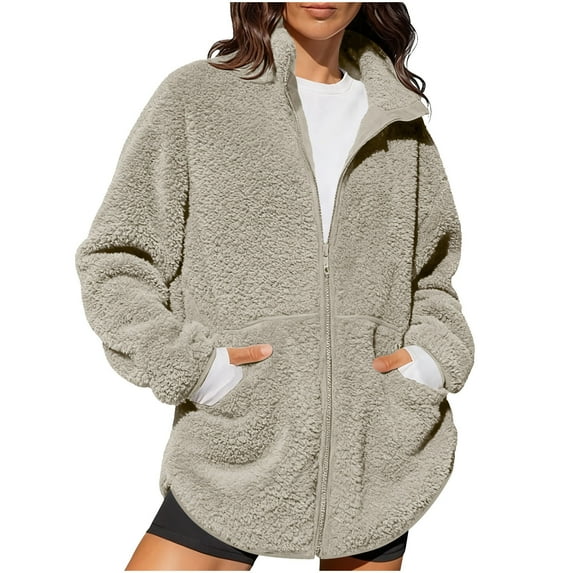 Fleece Lined Coat for Women Long Sleeve Lapel Collar Zip Up Solid Cardigan Jacket with Pockets Beige L