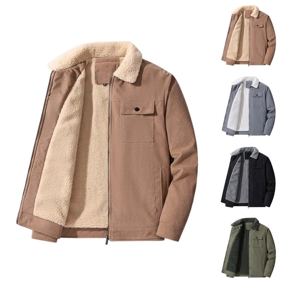 Fleece Lined Corduroy Jacket Men Long Sleeve Loose Casual Lapel Collar Zip Up Warm Coats with Pockets Fall Winter Outerwear