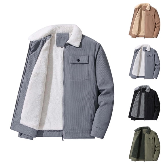 Fleece Lined Corduroy Jacket Men Long Sleeve Loose Casual Lapel Collar Zip Up Warm Coats with Pockets Fall Winter Outerwear