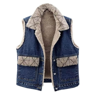 Fleece Lined Denim Vest for Women Winter Thincken Fuzzy Sherpa Sleeveless Jackets Button Down Jean Coats for Trucker