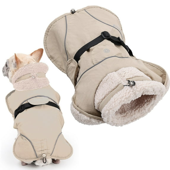 Fleece Lined Dog Vest with Harness Slot, Windproof Reflective Winter Jacket for Cold Weather, Adjustable Warm Dog Coat for Small Medium Large Dogs, Beige