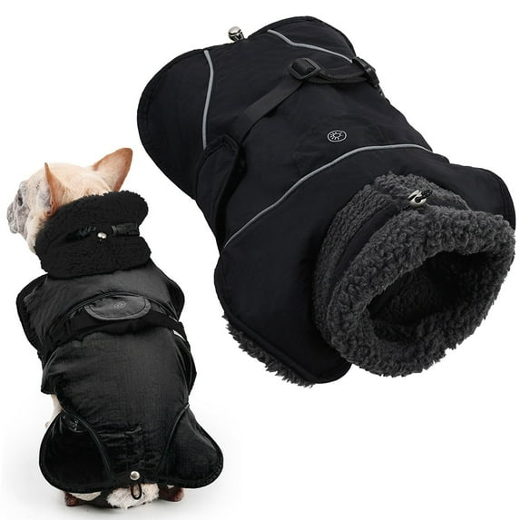 Fleece Lined Dog Vest with Harness Slot, Windproof Reflective Winter Jacket for Cold Weather, Adjustable Warm Dog Coat for Small Medium Large Dogs, Black