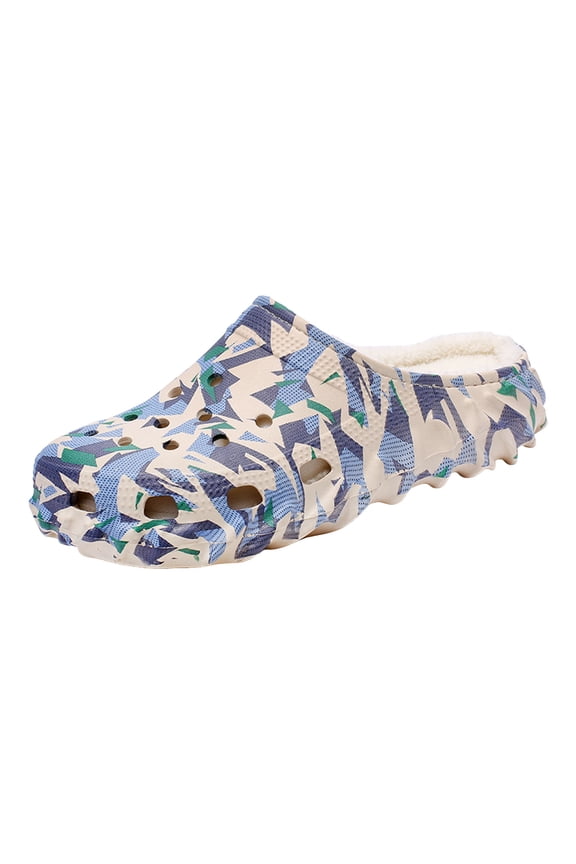 Fleece Lined Fashion Camouflage Mens Slippers Lightweight Slip On Hollow Out Clogs Breathable Non Slip Winter Shoes Beige Size 6-6.5
