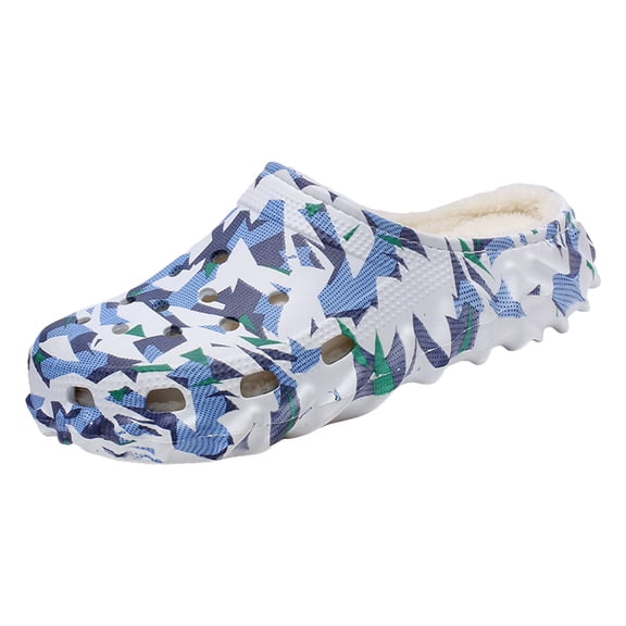 Fleece Lined Fashion Camouflage Mens Slippers Lightweight Slip On Hollow Out Clogs Breathable Non Slip Winter Shoes White Size 8-8.5