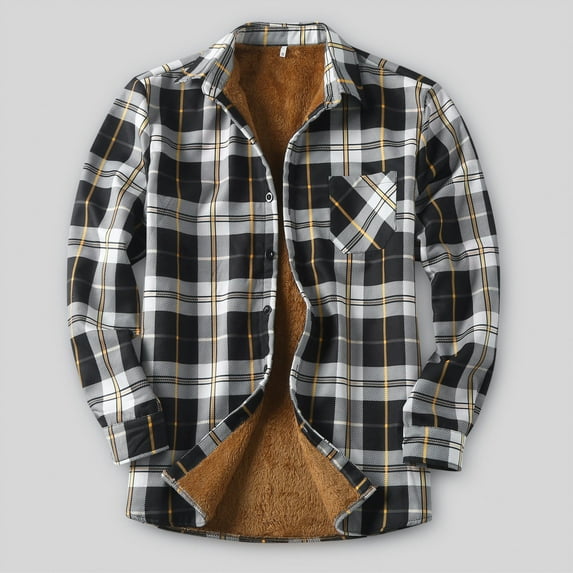Fleece Lined Flannel Jacket for Men,Men's Winter Plush Long Sleeve Pockets Outdoor Plaid Coats Winter Thick Flannel Shirt Jackets with Pocket