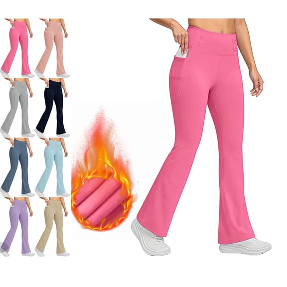 Fleece Lined Flare Leggings Women with Pockets Butt Lifting High Waist Yoga Pants 2025 Winter Warm Thick Leggings Hot Pink XXL