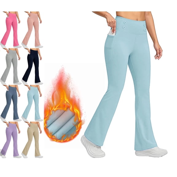 Fleece Lined Flare Leggings Women with Pockets Butt Lifting High Waist Yoga Pants 2025 Winter Warm Thick Leggings Sky Blue L