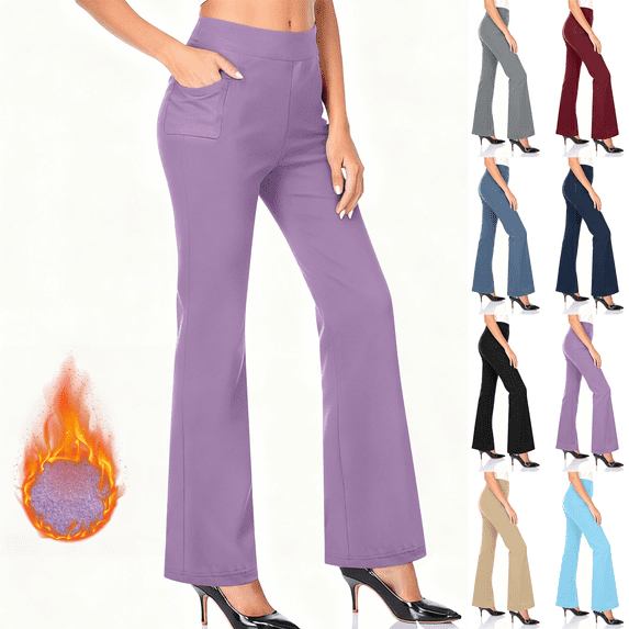 Fleece Lined Flare Leggings for Women High Waisted Thermal Tights with Pockets Stretch Tummy Control Winter Warm Workout Leggings