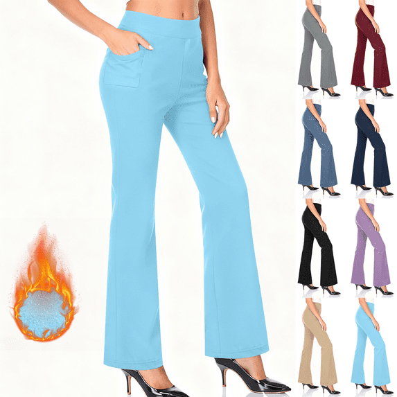 Fleece Lined Flare Leggings for Women High Waisted Thermal Tights with Pockets Stretch Tummy Control Winter Warm Workout Leggings