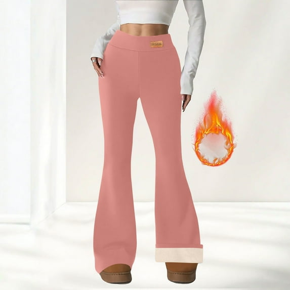 Fleece Lined Flare Leggings for Women Long - Warm Thermal Tights Winter Yoga Pants Thick Soft Sweatpants Pink S