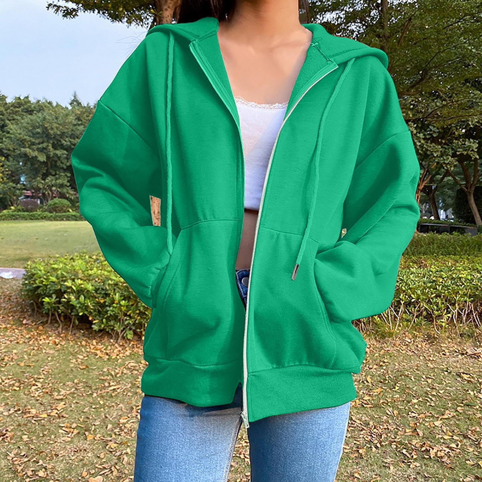 Fleece Lined Full Zip Up Jacket Womens Hoodie Sweatshirts with Pockets Loose Casual Drawstring Hooded Coat Outwear X Large Green