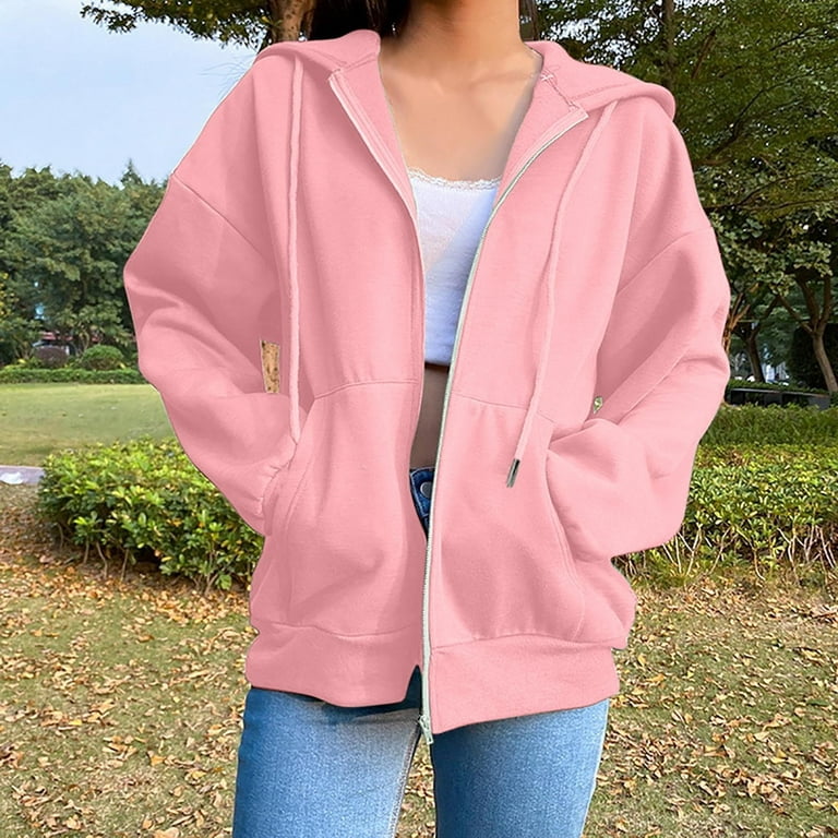 Fleece Lined Full Zip Up Jacket Womens Hoodie Sweatshirts with Pockets  Loose Casual Drawstring Hooded Coat Outwear (X-Large, Pink)