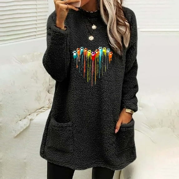Fleece Lined Graphic Sweatshirt,Long Fleece Sweatshirt for Women Print Pullover Tops Winter Long Sleeve Sherpa Linend Pullover with Pockets