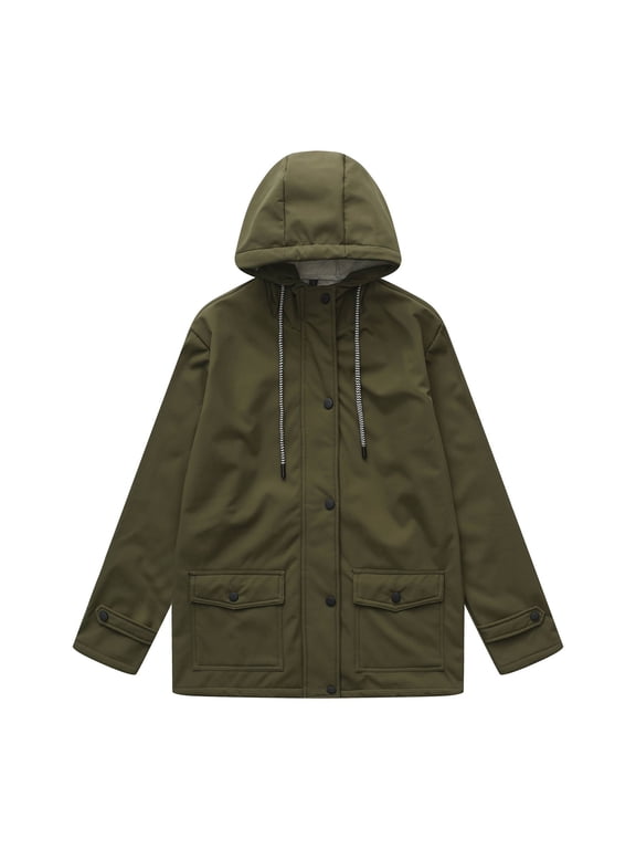Fleece Lined Hooded Jacket for Women Plus Size Sherpa Lined Drawstring Hood Multi Pocket Windproof Parka Coat for Winter Travel Outdoor Army Green 3XL