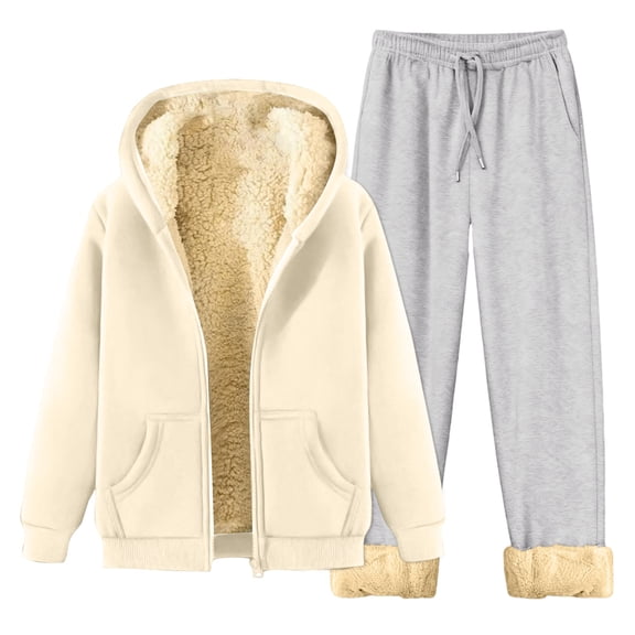 Fleece Lined Hooded Jacket and Drawstring Waist Sweatpants Set with Sherpa Interior for Men and Women Casual Two Piece Outfit