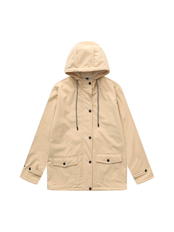 Fleece Lined Hooded Jacket for Women Plus Size Sherpa Lined Drawstring Hood Multi Pocket Windproof Parka Coat for Winter Travel Outdoor Beige M