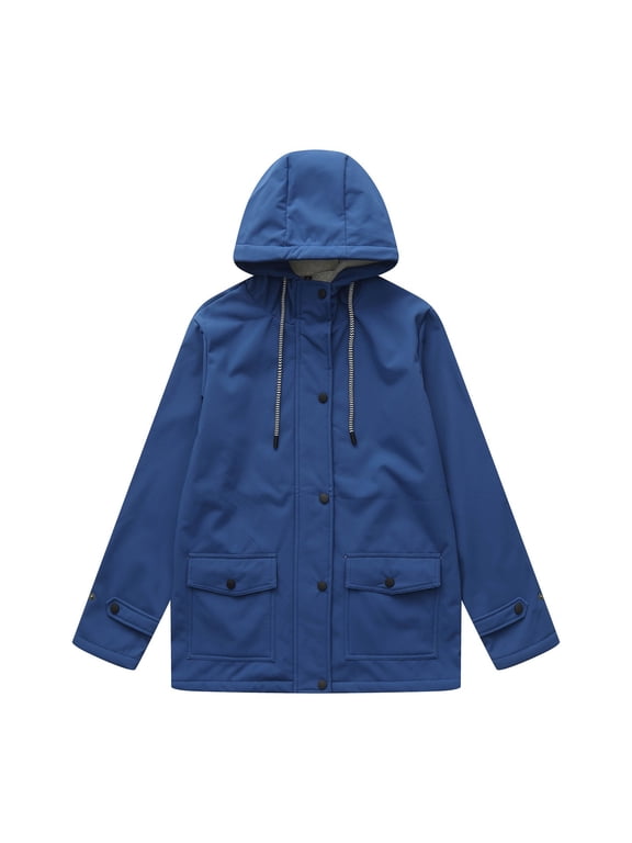 Fleece Lined Hooded Jacket for Women Plus Size Sherpa Lined Drawstring Hood Multi Pocket Windproof Parka Coat for Winter Travel Outdoor Blue M