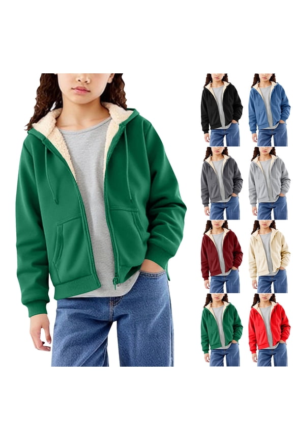 Fleece Lined Hoodie for Kids Teenagers Zipper Hoodie Girls Boys Sherpa Warm Cosy Outerwear Winter Thicken Thermal Coats Kids Fluffy Fuzzy Jackets Teddy Bear Coat with Pockets