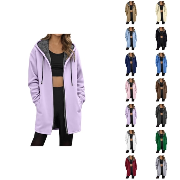 Fleece Lined Hoodie Women 2026 Winter Fashion Long Sleeve Plain Zip Up Long Hoodies for Women Jacket Coat with Pockets