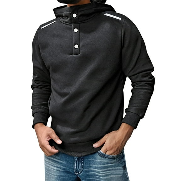 Fleece Lined Hoodies For Men Quilted Sweatshirts Quarter Button Pullover Hooded Sweatshirt With Reflective Stripes 2025,Size S-2XL