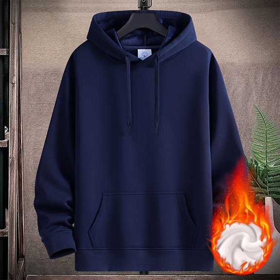 Fleece Lined Hoodies for Men Warm Long Sleeve Drawstring Hooded Sweatshirts Pullover Fall Winter Clothes Thermal Thicken Loose Casual Hoodie with Kangaroo Pocket
