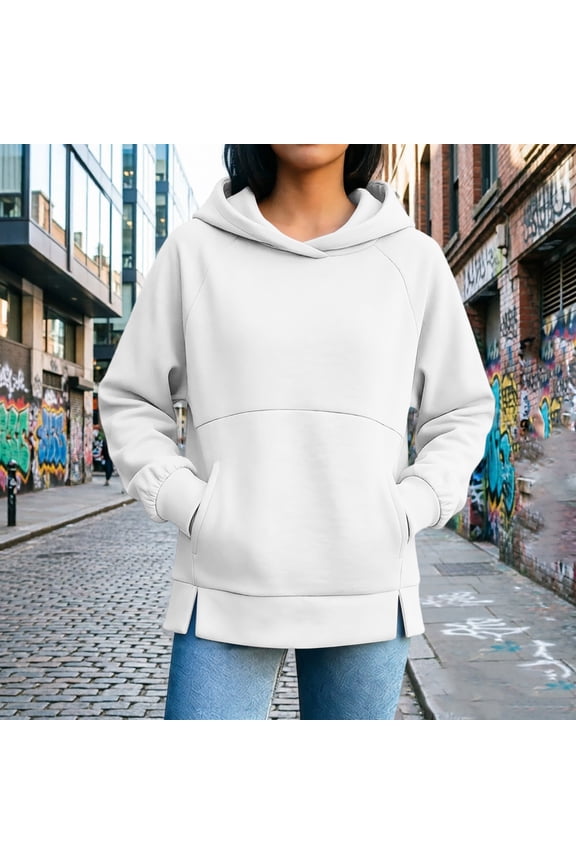 Fleece Lined Hoodies Women Women's Raglan Hooded Sweatshirt Oversized Long Sleeve Pullover with Side Slits & Pockets Fall Casual Tops White L