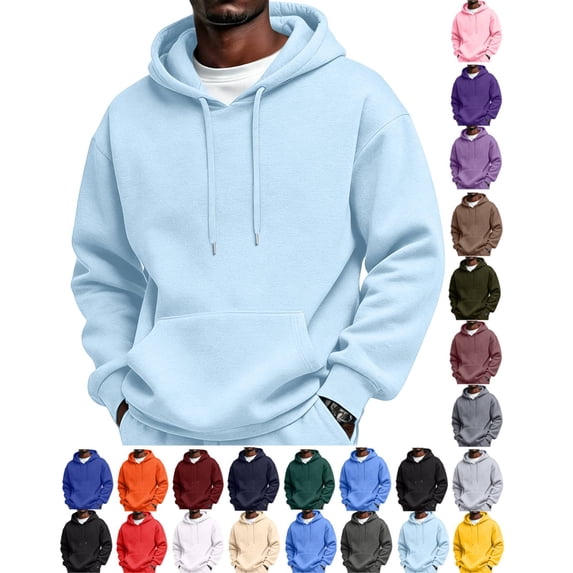 Fleece Lined Hoodies for Men Pullover Lightweight Oversized Sweatshirt Hooded Y2K Long Sleeve Winter Hoodie Light Blue M