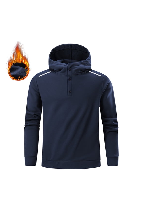 Fleece Lined Hoodies for Men with Button Mock Neck Sweatshirts Mens Casual Solid Color Pullover Slim Reflective Thermal Going-Out Work Hoodie Tops