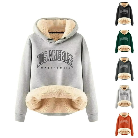 Fleece Lined Hoodies for Women 2025 Winter Long Sleeve Thick Los Angeles Graphic Hooded Sweatshirt Pullover Tops