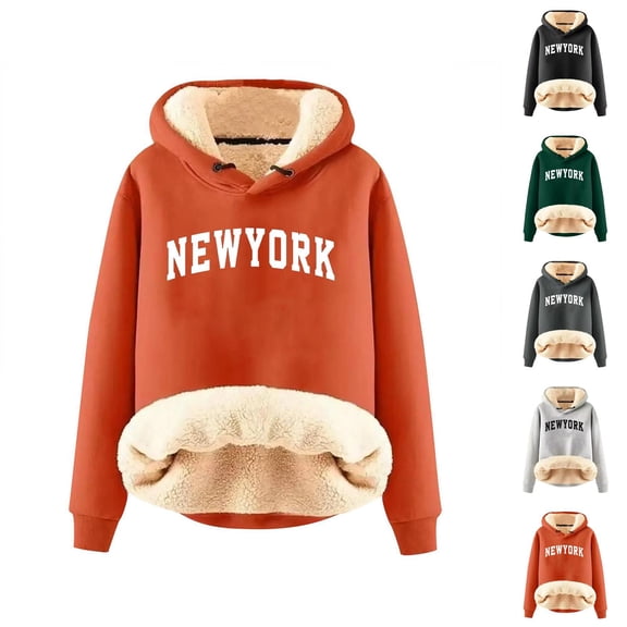 Lined Hoodies for Women 2025 Winter Long Sleeve Thick New York Graphic Hooded Sweatshirt Pullover Tops