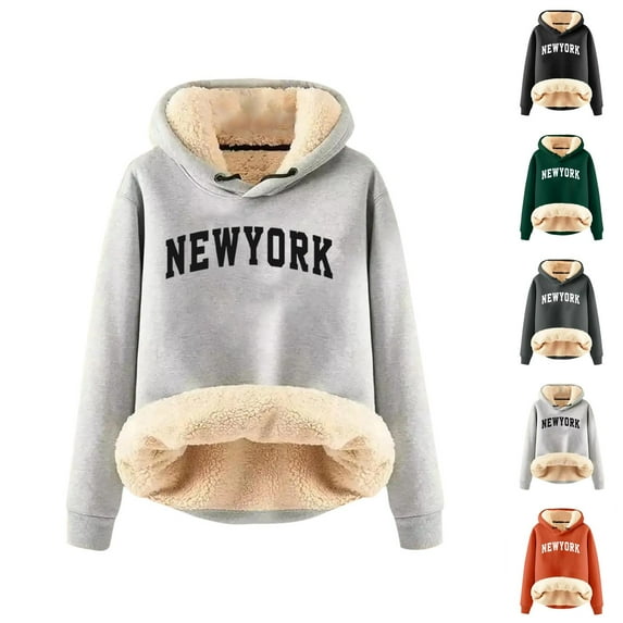 Lined Hoodies for Women 2025 Winter Long Sleeve Thick New York Graphic Hooded Sweatshirt Pullover Tops