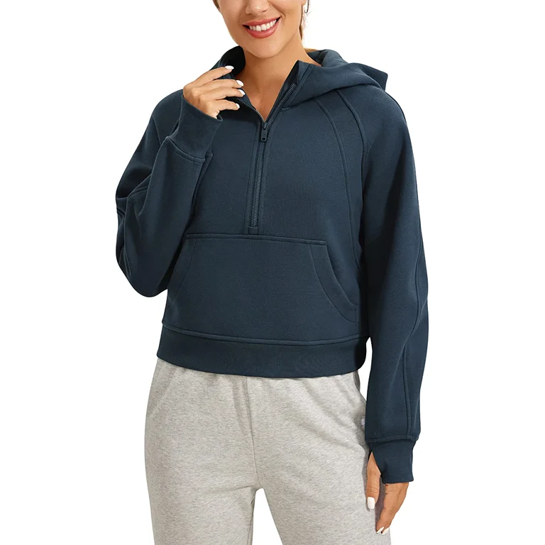Scuba Half Zip Hoodie Jacket With Logo Women Winter Warm Fleece