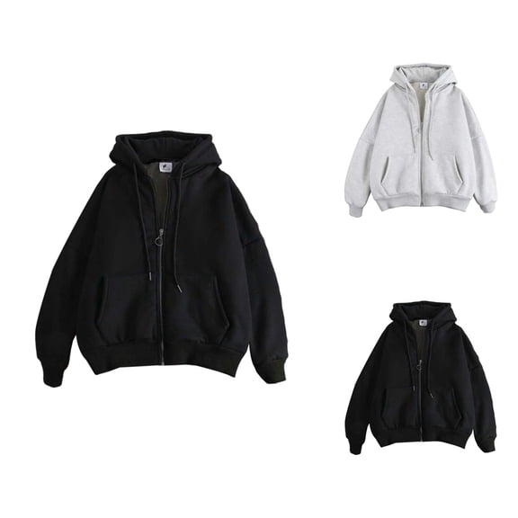 Fleece Lined Jacket Coat for Women Long Sleeve Plain Zip Up Sweatshirt Hoodie with Pockets Outerwear
