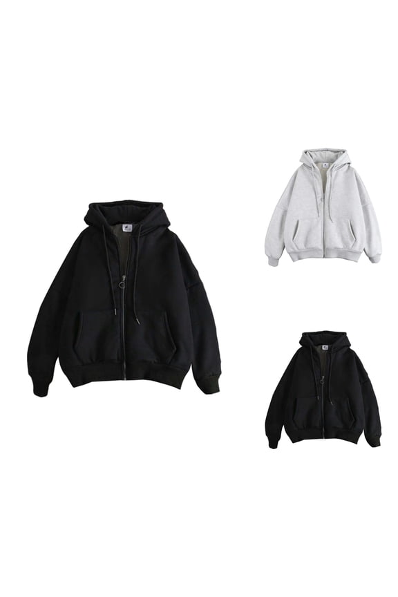 Fleece Lined Jacket Coat for Women Long Sleeve Plain Zip Up Sweatshirt Hoodie with Pockets Outerwear