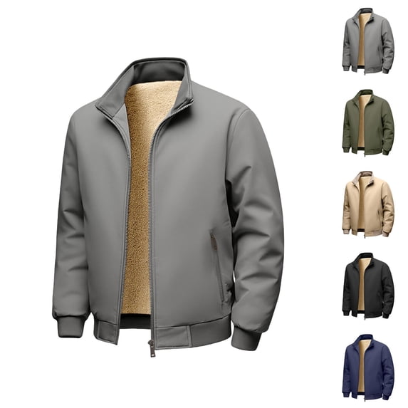 Fleece Lined Jacket Men Fall Winter Long Sleeve Business Casual Stand Collar Zip Up Jackets with Pockets Coat Outerwear