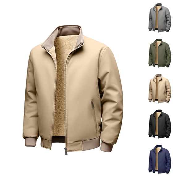 Fleece Lined Jacket Men Fall Winter Long Sleeve Business Casual Stand Collar Zip Up Jackets with Pockets Coat Outerwear